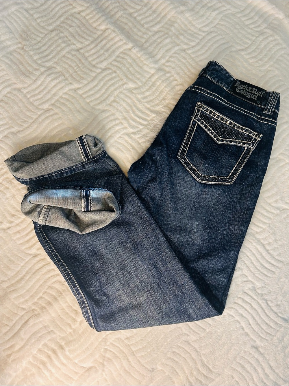 Rock & Roll Cowgirl Selvedge Denim Jeans Mid Rise Bling Flared